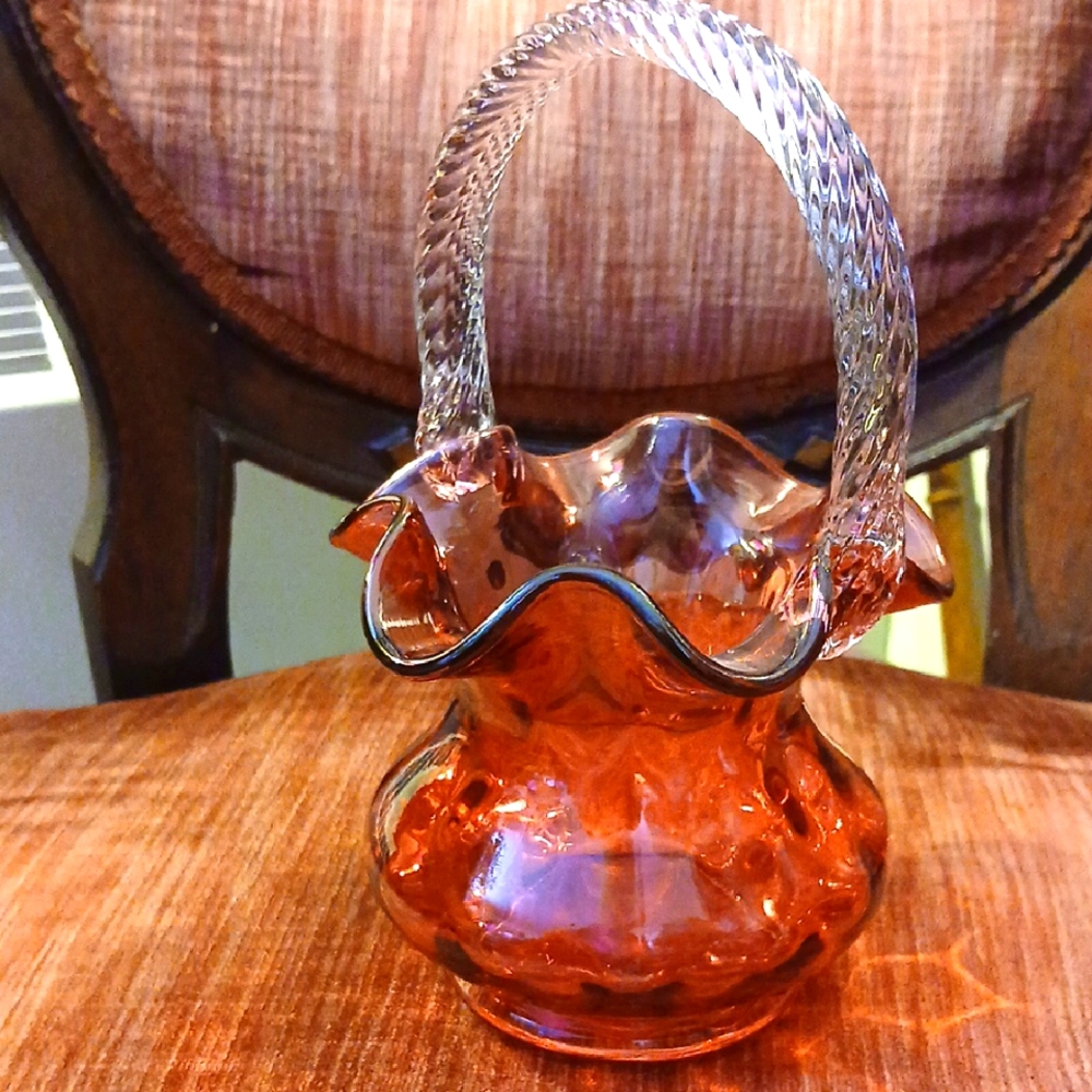 Elegant FENTON Cranberry Glass Basket with Clear Handle